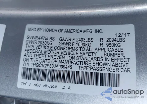 2018 Honda Accord Sport 2.0T z USA, uszkodzony, nr VIN 1HGCV2F33JA009445